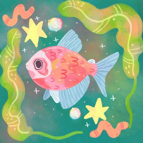 🐠🪱🫧 Art Studio Illustration, Cute Fish Illustration, Colourful Sketches, Doodle Bops, Fall Posters, Notion Header, Whimsical Fish, Colourful Fish, Halloween Party Poster