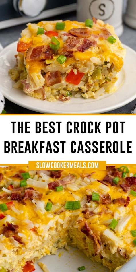 Close up of Crockpot breakfast casserole on a white plate. Overnight Crockpot Breakfast, Crock Pot Breakfast Casserole, Crock Pot Breakfast, Frozen Hash Browns, Slow Cooker Breakfast Casserole, Crockpot Breakfast Casserole, Breakfast Casserole Recipe, Breakfast Crockpot Recipes, Best Breakfast Casserole