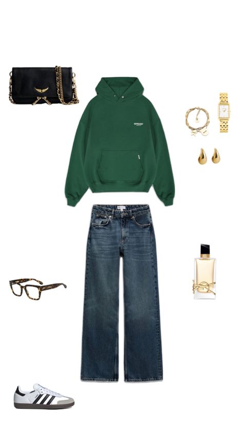 Adoptez un look urbain et décontracté avec cette tenue alliant confort et style ! Ce hoodie vert à la coupe oversize se marie parfaitement avec un jean évasé pour un effet vintage casual. Les baskets Adidas et les lunettes de vue à monture écaille ajoutent une touche sportive et tendance. Pour un contraste élégant, les accessoires dorés tels que la montre, les boucles d'oreilles et le sac à chaîne en cuir noir apportent une pointe de sophistication. Terminez avec une touche de parfum pour une allure fraîche et dynamique, idéale pour vos journées actives en ville. Baskets Adidas, Winter Fits, Vintage Casual, Outfit Idea, Adidas