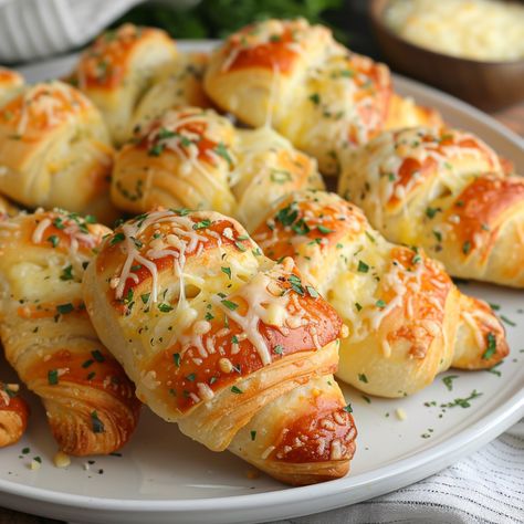 Pull Apart Crescent Rolls, Garlic Parmesan Crescent Rolls, Pillsbury Roll Recipes, Savory Baked Goods Recipes, Crescent Roll Garlic Knots, Crescent Roll Ideas, Mystery Rolls, Cheesy Garlic Crescent Rolls, Heavenly Rolls