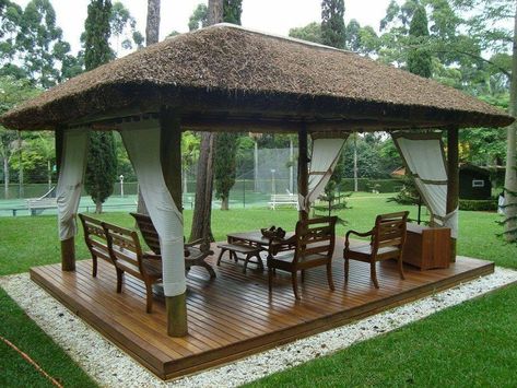 Garden Huts, Hut House, Bamboo House Design, Outdoor Gazebo, Backyard Gazebo, Backyard Pavilion, Garden Gazebo, Plant Ideas, Patio Gazebo