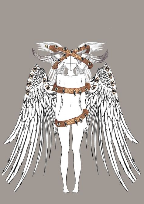 The character is made from different artists parts: Horns from Andrew Mar on Twitter; The wings are from a site: 123FreeVector; the little wings are from Liren on DeviantArt and the halos from CrimsonChains on Instagram Angle Art Wings, Horn Reference Character Design, Halo Angel Art, Wings On Head Reference, Halo Ideas Angel, Anime Halo Angel, Seraphim Angel Costume, Halos Drawing Reference, Wings On Head Drawing