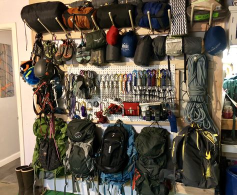 Outdoor Gear Room, Climbing Gear Organization, Backpacking Gear Storage, Gear Room Organization, Gear Room Ideas, Gear Storage Ideas, Outdoor Gear Organization, Gear Closet, Camping Gear Storage