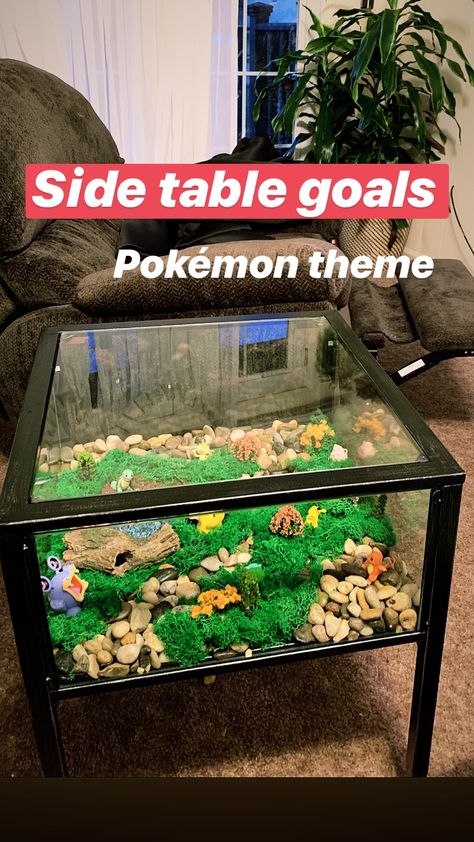 Pokemon Interior Design, Pokemon Living Room, Pokemon Bedroom Aesthetic, Pokémon Theme Room, Pokemon Display Ideas, Pokemon Room Aesthetic, Pokemon House Decor, Pokemon Table Decorations, Pokemon Home Decor