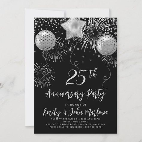 25th Anniversary Silver Glitter Confetti Invitation Gold Fireworks, Confetti Invitation, 25th Anniversary Party, Anniversary Party Invitations, Gold Glitter Confetti, Festive Wedding, Silver Jubilee, Wedding Anniversary Invitations, Champagne Toast