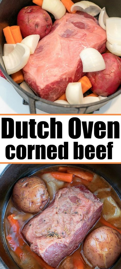 This dutch oven corned beef and cabbage recipe is easy and tastes amazing with potatoes and carrots inside your cast iron pot. St. Patricks Day dinner time. #dutchoven #dutchovenrecipes #cornedbeefandcabbage #oven #baked #stpatricksday #dinner Beef In Dutch Oven, St Patricks Day Dinner, Oven Corned Beef, Slow Cook Corned Beef, Jamaican Dinner, Dutch Oven Corned Beef, College Dinner, Recipes Jamaican, Cabbage Beef