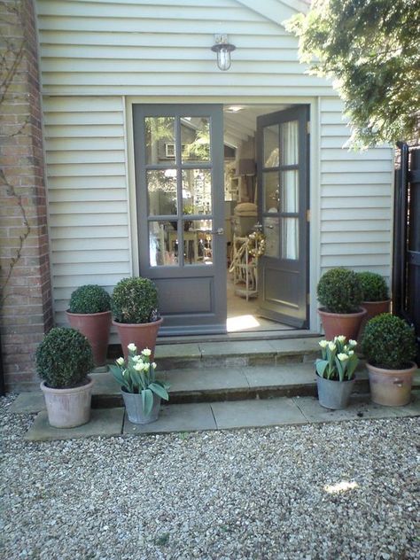 Grey French Doors With Box Plants And Tulips - Image By Alison Dodds Front Door Steps, Patio Steps, Gravel Patio, French Doors Exterior, French Doors Patio, Door Steps, Casa Exterior, Patio Plants, House Paint