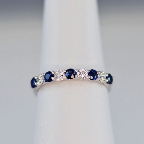 Sapphire & Diamond Anniversary Wedding Band in 18k White Gold - (#31-HRSAP00135)8 - Divine & Timeless Jewelry. #jewelry #ring #weedingrings #bestrings #giftideas #bestgift #giftforher #giftforbelovedone #giftideas2021 #jewelryhouse Sapphire And Diamond Band, Shiny Rings, Sapphire Wedding Rings, Sapphire Wedding Band, Anniversary Wedding Band, Sapphire Band, Sapphire Wedding, Sapphire Diamond Ring, Diamond Anniversary