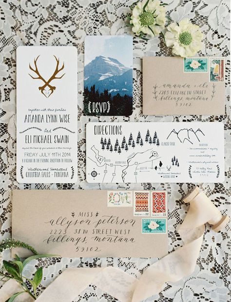 Even if you're not into the great outdoors, these invites would make you want to put on some hiking boots. Boho Invitations, Design Invitation, Montana Wedding, Invitation Inspiration, Woodland Wedding, Wedding Stationary, Wedding Planners, Wedding Paper, Mountain Wedding