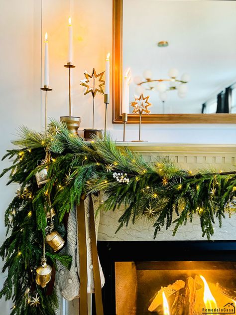 Christmas Family Room, Noble Fir Christmas Tree, Rustic Glam Christmas, Christmas Mantel Garland, Anthropologie Christmas, Stick Christmas Tree, Mantel Ideas, Fir Christmas Tree, Glam Christmas