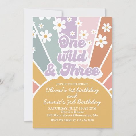 One Wild and three Retro Sunshine Rainbow Daisy Invitation  Zazzle Five Is A Vibe, Daisy Invitations, Daisy Baby Shower Invitations, First Birthday Party Favor, Rainbow Daisy, Daisy Baby Shower, First Birthday Favors, First Birthday Games, First Birthday Party Themes