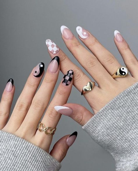 Fun Nail Inspo Almond, Trendy Nail Designs Unique, Punk Nail Designs, Mixed Nails, Nail Portfolio, Yin Yang Nails, Nails Press Ons, Checkered Nails, Nails Y2k