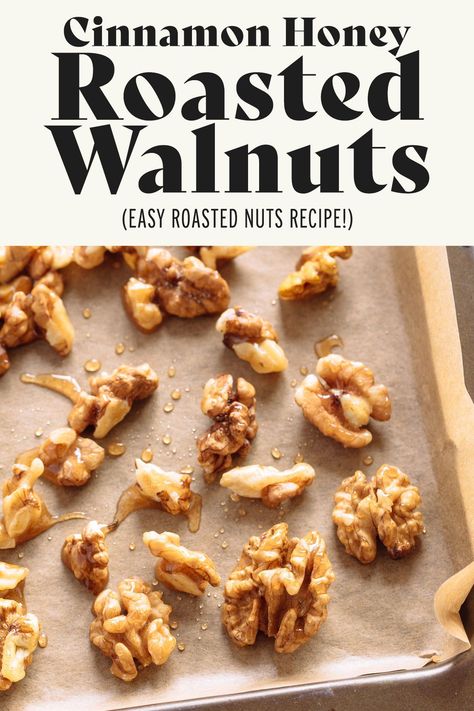 I love these homemade cinnamon and honey roasted walnuts! So addictive and healthy. Roasted Walnuts Recipe, Honey Recipes Healthy, Walnut Recipes Healthy, Spiced Walnuts Recipe, Roasted Nuts Recipe, Candied Walnut Recipe, Diet Dishes, Spiced Walnuts, Walnuts Recipe