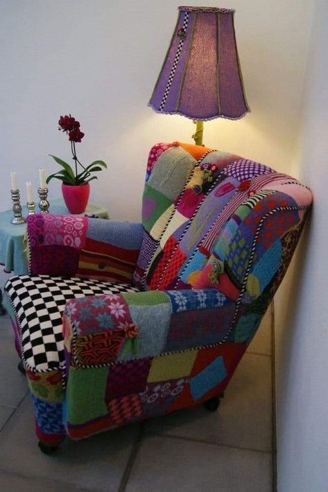 Patchwork Upholstered Chairs, Patchwork Chair Diy, Patchwork Sofa Diy, Patchwork Chair Upholstery, Upcycled Armchair, Patchwork Chairs, Funky Sofa, Patchwork Armchair, Patchwork Upholstery