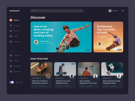 #Exploration - Skateboard Video Platform by Dwinawan for Paperpillar on Dribbble Skateboard Videos, Card Ui, Directory Design, Interactive Media, Dark Mode, App Design Inspiration, Music Design, Website Design Inspiration, App Ui