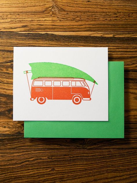 Vintage Bus - Fun Letterpress Holiday Christmas Card Letterpress Christmas Cards, Letterpress Holiday Cards, Letterpress Christmas, Volkswagen Camper Van, Vintage Bus, Hippie Living, Letterpress Stationery, Volkswagen Camper, Bus Card