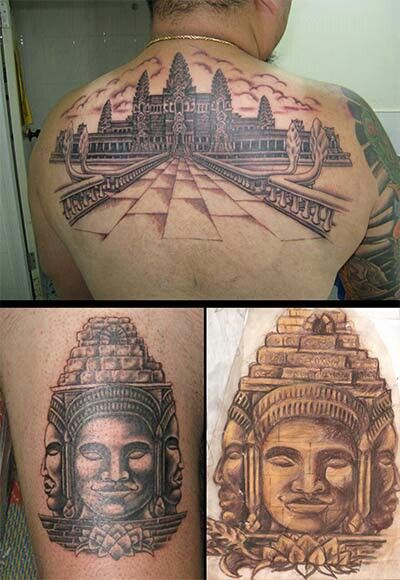 Ankor wat tat & the statues surrounding it Cambodian Flag Tattoo, Ankor Watt Tattoos, Apsara Tattoo Khmer, Khmer Tattoo Cambodia, Asian Tattoo Art, Apsara Tattoo, Angkor Wat Tattoo, Cambodia Tattoo, Cambodia Apsara