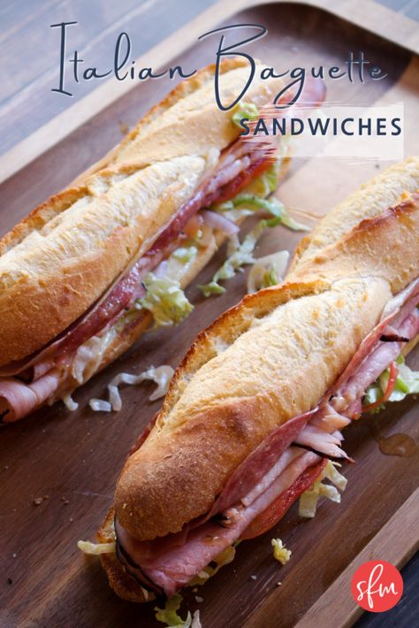 Easy Italian Sandwiches, Sandwich With Baguette, Baguette Sandwiches Ideas, Recipes Using Baguettes, Baguette Lunch Ideas, Best Baguette Sandwiches, Baguette Meal Ideas, Italian Baguette Sandwich, Macro Sandwich