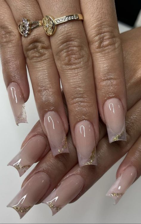 Asian Wedding Nails, Nail Gold Flakes, Nail Inspo Square Long, Nails With Gold Glitter, Biab Nails, Tapered Square Nails, Hippie Nails, Sassy Nails, Ombre Acrylic Nails