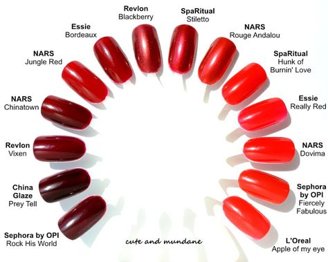 Nail Colors Red Shades, Red Nail Shades, Nail Polish Color Names, Essie Red Nail Polish, Red Nail Polish Colors, Fade Nails, Bright Red Nail Polish, Essie Nail Polish Colors, Nail Red