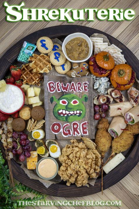 Shrek Themed Food Ideas, Shrek Party Drinks, Shrek Themed Dinner, Shrek 30th Birthday, Shrek Themed Party Food, Shrek Charcuterie Board, Shrek Engagement Party, Shrek Movie Night Food, Shrek Inspired Food