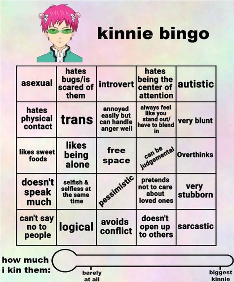 Rika Kinnie Bingo, Anime Kinnie Bingo, Kin List Bingo, Anime Bingo, Saiki K Kinnie Bingo, Character Bingo, Kin Bingo, Kinnie Bingo, About Me Template