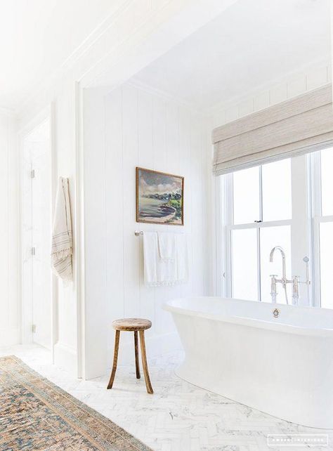 Amber Interiors does it again! You've got to see every room of this dream home | lark & linen #bathroom #marble #whitetub #washroom #whitebathroom #neutralbathroom #MasterBathroom Mosaic Tiles In Bathroom, Bathtub Under Window, Tiles In Bathroom, Wall Mounted Tub Filler, Free Standing Bathtub, Bathroom Marble, Standing Bathtub, White Tub, Cozy Texture