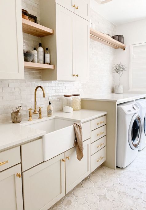 melissawilsondesign on LTK Laundry Room Finishes, Modern Coastal Laundry Room Ideas, Classic Laundry Room Design, Laundry Room Beige Cabinets, Transitional Laundry Room Design, Laundry Room Floating Shelves Over Sink, Laundry Room Neutral, Spa Laundry Room, Mediterranean Laundry Room Design