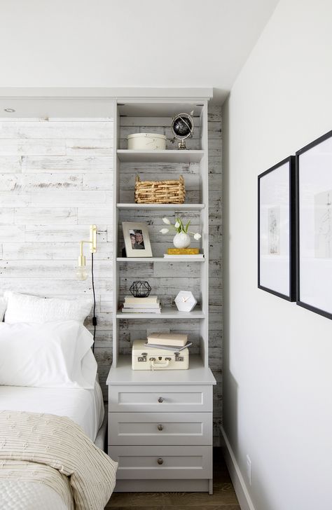 Storage solution: top a nightstand with built-in shelving! Farm Kitchen Ideas, Bedroom Storage Ideas, Bedroom Built Ins, Small Bedroom Storage, Jillian Harris, Small Bedroom Designs, Storey Homes, Shelves In Bedroom, Simple Bedroom