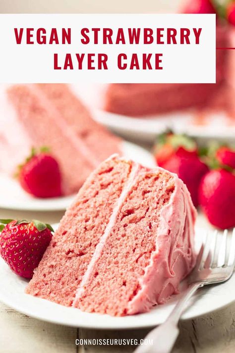 This vegan strawberry cake is made with two layers of cake and a decadent dairy-free cream cheese frosting. It's moist, tender and bursting with fruity deliciousness! Vegan Tres Leches Cake, Vegan Strawberry Cake, Vegan Fruit Cake, Dairy Free Cream Cheese Frosting, Strawberry Layer Cake, Vegetarian Wedding, Strawberry Layer Cakes, Vegan Birthday Cake, Vegan Cinnamon Rolls