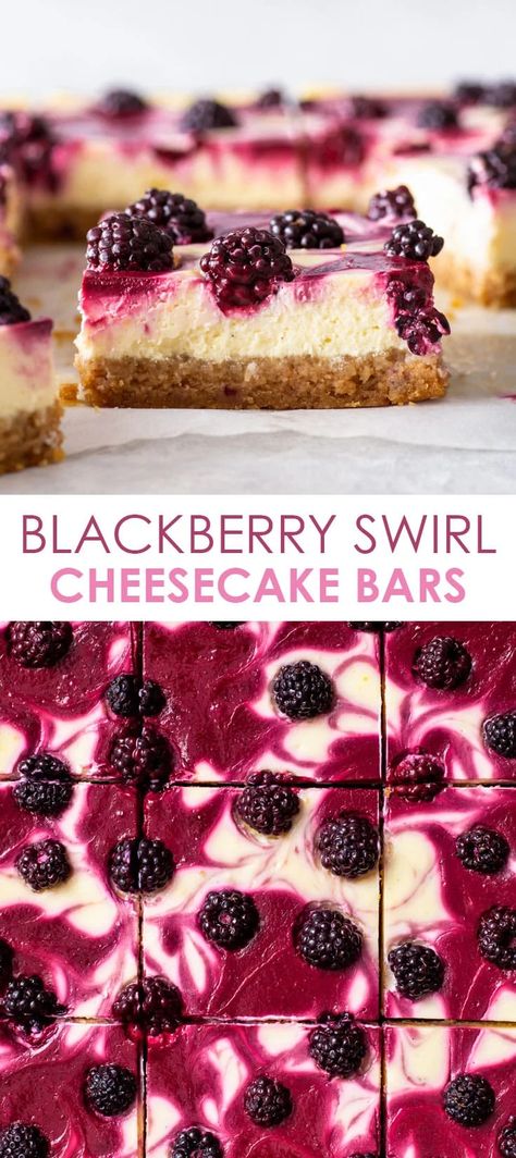 Blackberry Cheesecake Bars - These blackberry cheesecake bars are super creamy and simply bursting with flavour, thanks to an abundance of lemon zest and vanilla bean paste in the base cheesecake filling, as well as the aromatic blackberry swirl flavoured with a blackberry reduction. I’m giving you all the tips and tricks to prevent your cheesecake (bars) from cracking, without using a water bath! Cheesecake recipe. Blackberry desserts. Dessert ideas. Dessert recipes. #cheesecake #dessert Dark Chocolate Raspberry Cheesecake Bars, Blackberry Cream Cheese Recipes, Blackberry Lemon Cheesecake, Things To Make With Blackberries, Blackberry Lavender Cheesecake, Blackberry Cheesecake Bars, Blackberry Bars, Blackberry Desserts, Blackberry Dessert Recipes