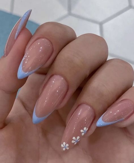 Almond Nails With J Initial, Almond Nails Designs Blue, Blue Nails Acrylic Almond, Spring Almond Nails Designs, Back To School Nails Almond, Blue Almond Nails Design, Italy Inspired Nails, Almond Blue Nails, Almond Nails Blue