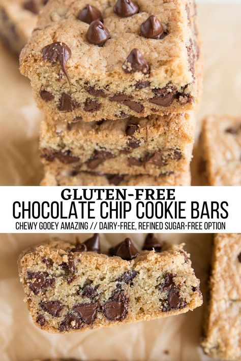 Gluten Free Cookie Bars, Chocolate Chip Cookie Bar Recipe, Dairy Free Chocolate Chip Cookies, Sugar Free Chocolate Chip Cookies, Desserts With Chocolate Chips, Cookie Bars Easy, Paleo Chocolate Chip Cookies, Best Gluten Free Desserts, Chocolate Chip Bars