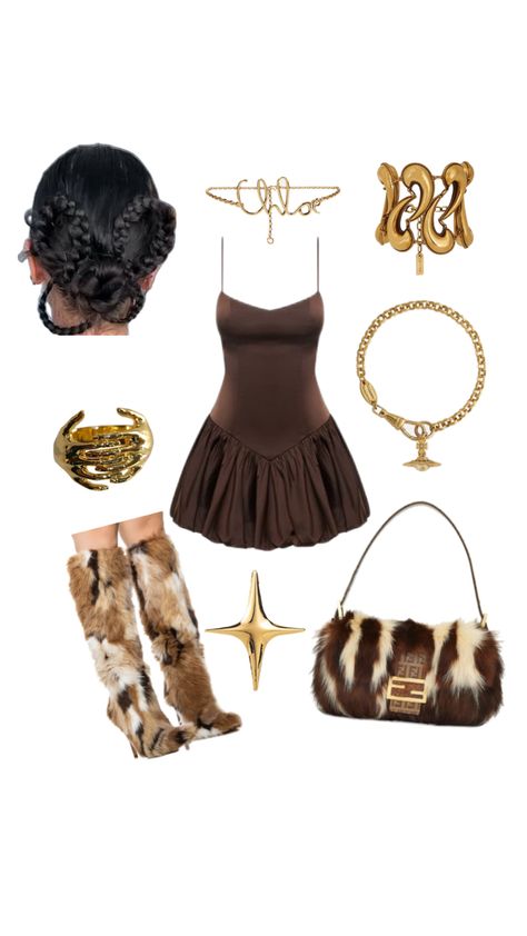 Fendi bag, fur fendi, fur boots, brown dress, hairstyle, gold jewelry , outfit inspo, fashion outfit, nightout outfit Fendi Dress Outfit, Fendi Bag Outfit, Mcu Outfits, Fendi Outfit, Gold Jewelry Outfit, Nightout Outfit, Fendi Fur, Dress Hairstyle, Fendi First