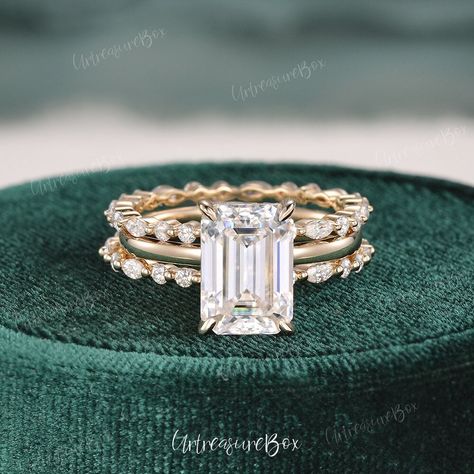 Engagement Rings Emerald Cut 3ct Moissanite Hidden Halo Yellow Gold Wedding Ring Set 3pcs Stacking Ring Cluster Band Unique Ring Bridal Set More you may like: https://www.etsy.com/listing/1460424323 * Order Service: Engraving/Rush Order/ Shipping Upgrade/ Size Upgrade/ 18K or Platinum upgrade https://www.etsy.com/listing/889751602/ Jewelry Details: * Center Stone:  * Moissanite, Emerald cut * Color: D color * Clarity: VVS * Measures: about 2.5ct, 7*10mm  * Select when you check out * Accents: ab Emerald Cut Ring Sets, Emerald Cut Halo Wedding Rings, Emerald Wedding Ring Set Stack, Stacking Rings With Engagement Ring, Wedding Bands That Go With Emerald Cut, Emerald Ring Wedding Band, Ring Stack Emerald Cut, Emerald Cut Unique Engagement Ring, Radiant Wedding Ring Stack