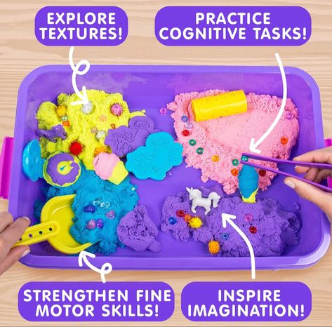 Kinetic Sand Kids Sensory Bin for fine motor skills | ARTS & Crafts | keep kids occupied activity Kinetic Sand Box, Sensory Bins For Toddlers, Tactile Sensory, Play Sand, Learn Through Play, Kinetic Sand, Kids Sensory, Attention Span, Sensory Experience