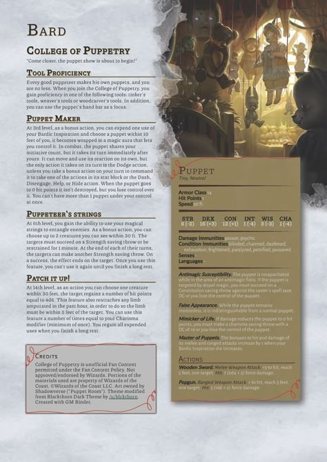 Bard (Collge Of Puppetry) Bard Subclasses, Dnd Tips, Dragons Inspiration, Homebrew Monsters, Dm Ideas, Dnd 5, Dnd Bard, Dnd Things, D D Classes