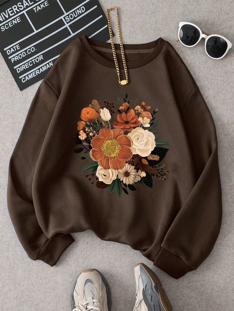 Chocolate Brown Casual Collar Long Sleeve Fabric Floral Pullovers Embellished Slight Stretch  Women Clothing Cheap Brown Winter Sweatshirt, Brown Crew Neck Sweatshirt With Graphic Print, Brown Long Sleeve Sweatshirt With Graphic Print, Winter Floral Print Sweatshirt, Winter Floral Print Hoodie Sweatshirt, Sweaters Fall, Women Sweatshirts, Fall Flower, Embroidery On Clothes