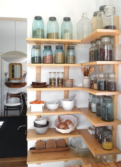 A Glimpse Inside (and Outside) My Kitchen — Kitchen Diary: Emily in Los Angeles Diy Corner Shelves, Diy Corner Shelf, Corner Shelf Ideas, Minimalism Living, Corner Shelf Design, Organiser Cucina, Open Pantry, Recycled Jars, Kabinet Dapur