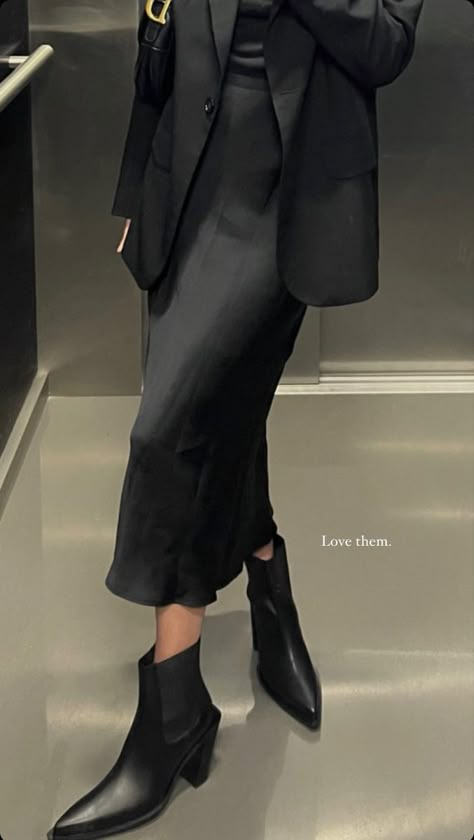 Black Slip Dress And Blazer Outfit, Black Skirt And Black Blazer Outfit, Midi Slip Skirt Outfit Fall, Black Midi Satin Skirt, Blazer And Silk Skirt, Black Blazer Outfit With Skirt, Black Silk Blazer Outfit, Satin Skirt Boots, Silk Skirt And Blazer Outfit