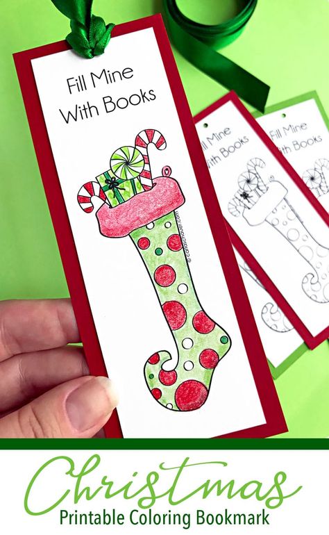 These would be perfect for school holiday parties!  DIY printable coloring bookmarks make a cute non-candy treat or Christmas party craft. Free printable from Carla Schauer Studio. #Christmas #printable #bookmark #winter #coloringpage #noncandy #craft stocking Printable Christmas Bookmarks, Printable Coloring Bookmarks, Bookmark Crochet Tutorial, Bookmarks To Print, Holiday Party Crafts, Bookmark Easy, Bookmarks To Color, School Holiday Party, Christmas Party Crafts