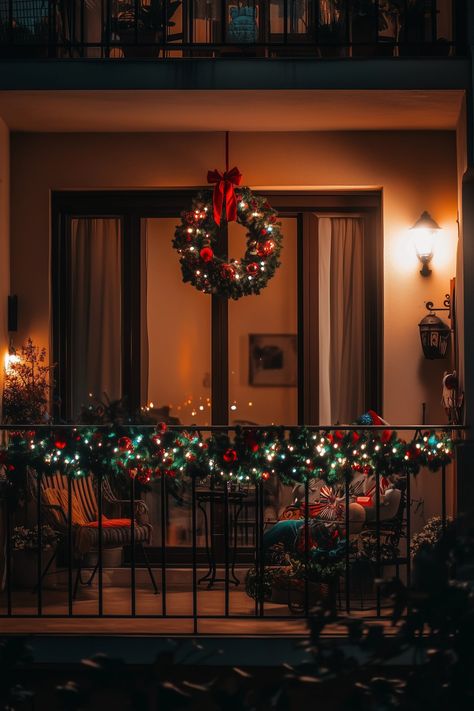 17 Easy Small Apartment Christmas Balcony Decor Ideas Balcony Decor For Christmas, Christmas Decoration Balcony, Veranda Christmas Decor, Xmas Balcony Decoration, Christmas Lights Balcony Apartment, Christmas Decor Ideas For Apartments Balcony, Apartment Patio Christmas Decor Ideas, Apartment Balcony Christmas Decor, Apartment Balcony Decorating Christmas