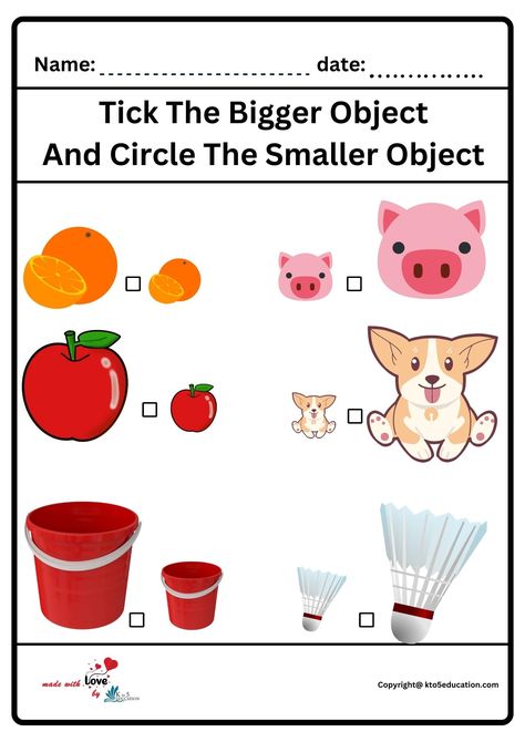 Tick The Bigger Object And Circle The Smaller Object Worksheet | FREE Download Check more at https://kto5education.com/tick-the-bigger-object-and-circle-the-smaller-object-worksheet/ Bigger Smaller Activities, Bigger And Smaller Worksheets, Circle The Bigger Number Worksheet, Class 1 Maths, Maths Worksheet, Number Worksheets Kindergarten, Preschool Program, Nursery Worksheets, Alphabet Worksheets Kindergarten