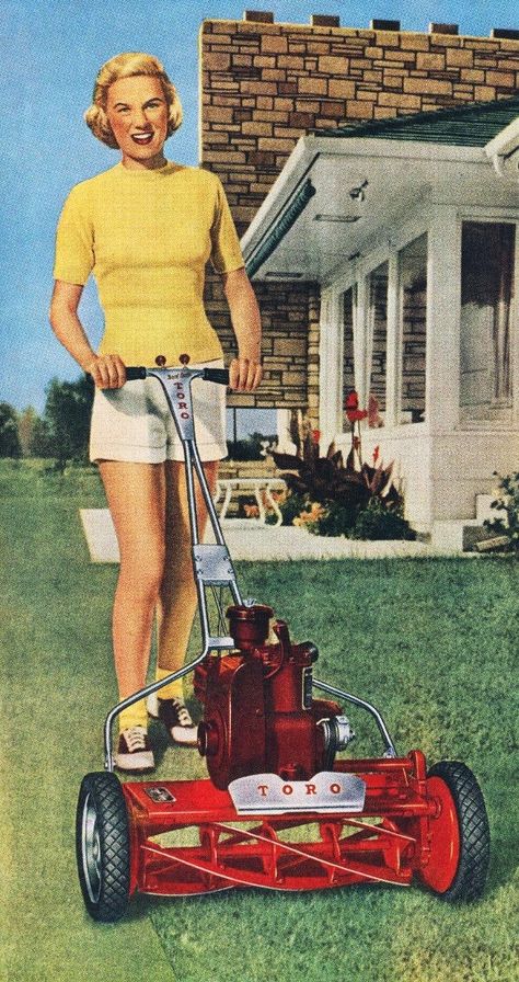 Toro lawn mowers, 1950s 1950 Advertisement, Retro Advertisements, Stepford Wives, Fabulous 50s, Toro Lawn Mower, Lawn Mower Storage, Vintage Housewife, Antique Fans, Steampunk Women