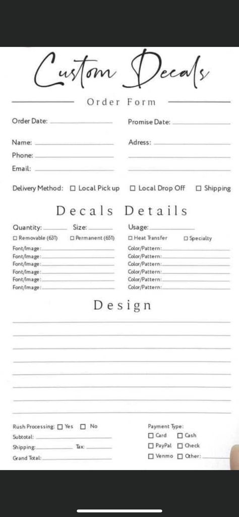 Sticker Order Form, Decal Order Form Template Free, How To Keep Track Of Customer Orders, Order Forms For Craft Business, Small Business Printables, Tshirt Printing Business, Business Printables, Startup Business Plan, Order Form Template