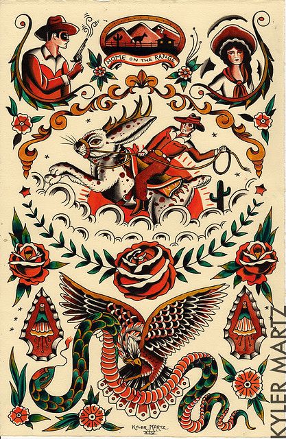 Traditional Tattoo Flash Sheets, Traditional Tattoo Flash Art, Traditional Tattoo Old School, Cowboy Tattoos, Traditional Tattoo Inspiration, Traditional Style Tattoo, Tattoo Old School, Western Tattoos, Traditional Tattoo Sleeve