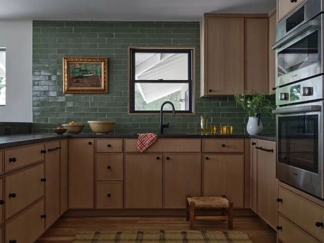 Green Countertops Kitchen, Small Portable Kitchen Island, Green Tile Backsplash, Green Countertops, Green Kitchens, Spanish Style Kitchen, Moody Kitchen, One Wall Kitchen, Dark Green Kitchen