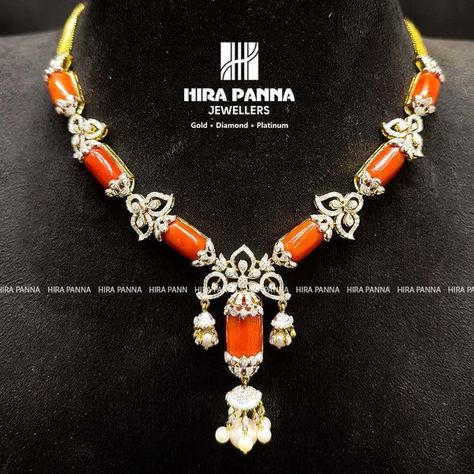 Indian Coral Jewellery Gold, Coral Jewelry Indian Gold, Black Diamond Chain, Coral Jewelry Set, Diamond Necklace Simple, Gold Pearl Jewelry, Diamond Pendants Designs, Designer Diamond Jewellery, Jewelry Editorial