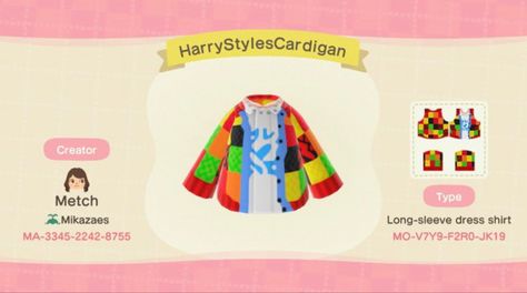 Ac Outfits, Animal Crossing Disney, Animal Crossing Switch, Animal Crossing Tips, Harry Styles Clothes, Harry Styles Cardigan, Animal Crossing Design Codes, Acnh Outfits, Animal Crossing Island Inspo