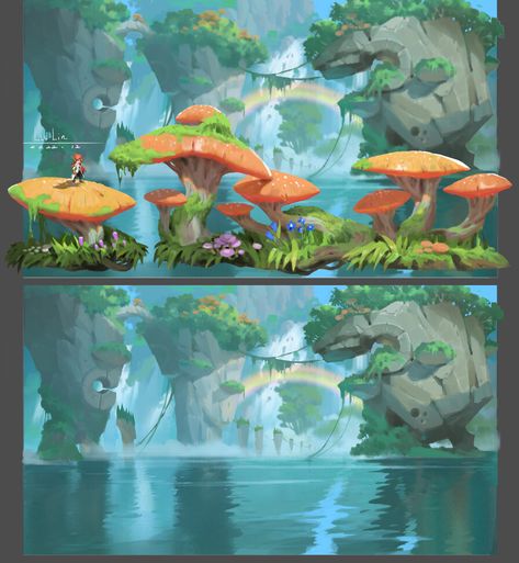 Cartoon Environment Concept Art, Mushroom Art Drawing, Game Art Environment, Bg Design, Concept Art Tutorial, 2d Game Art, Landscape Concept, Game Concept Art, Cartoon Background